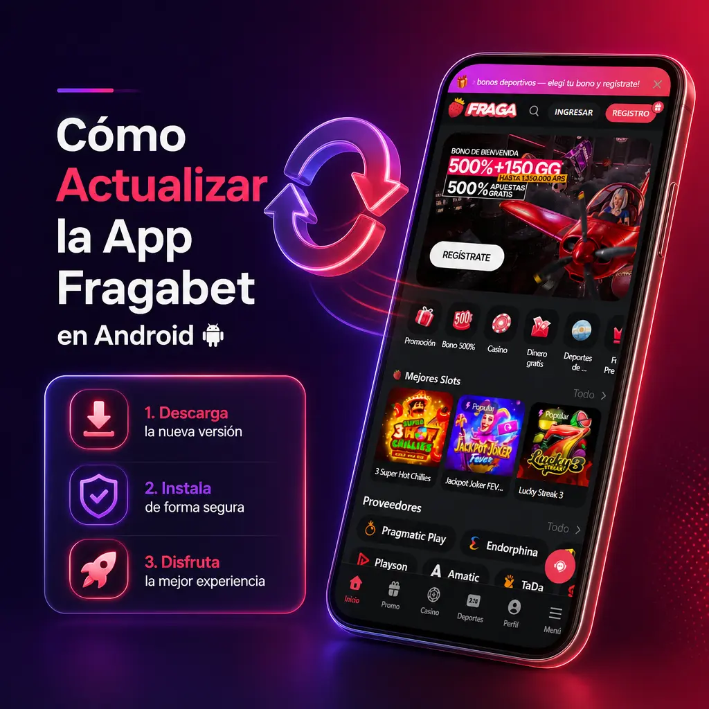 Pasos para actualizar la app Fragabet en Android: descargar el APK más reciente, instalarlo y verificar saldo y bonos activos.