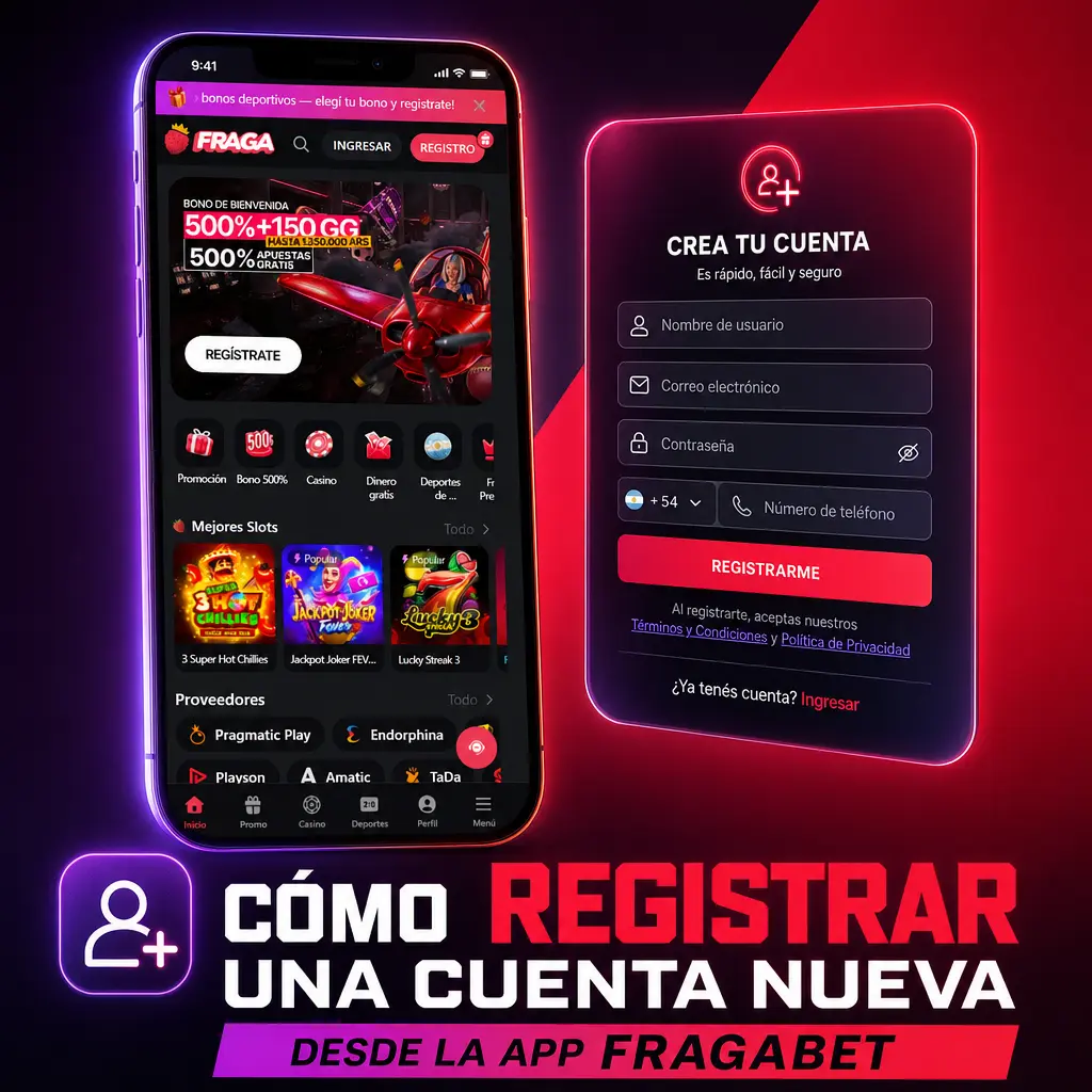 Pasos para registrarte en la app Fragabet: completá tus datos, confirmá tu cuenta y hacé tu primer depósito en ARS.