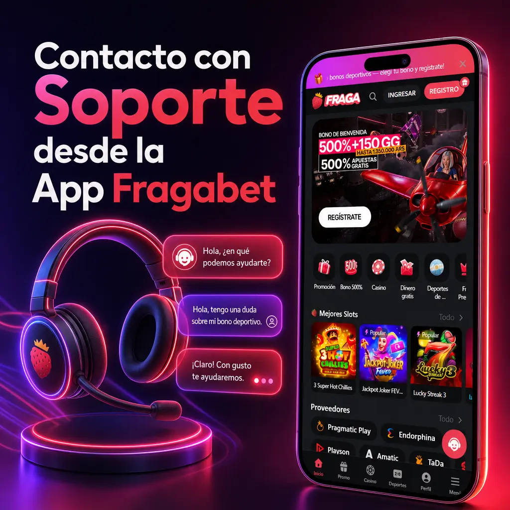 Pantalla de contacto con soporte en la app Fragabet, con opciones de chat, correo, WhatsApp y centro de ayuda