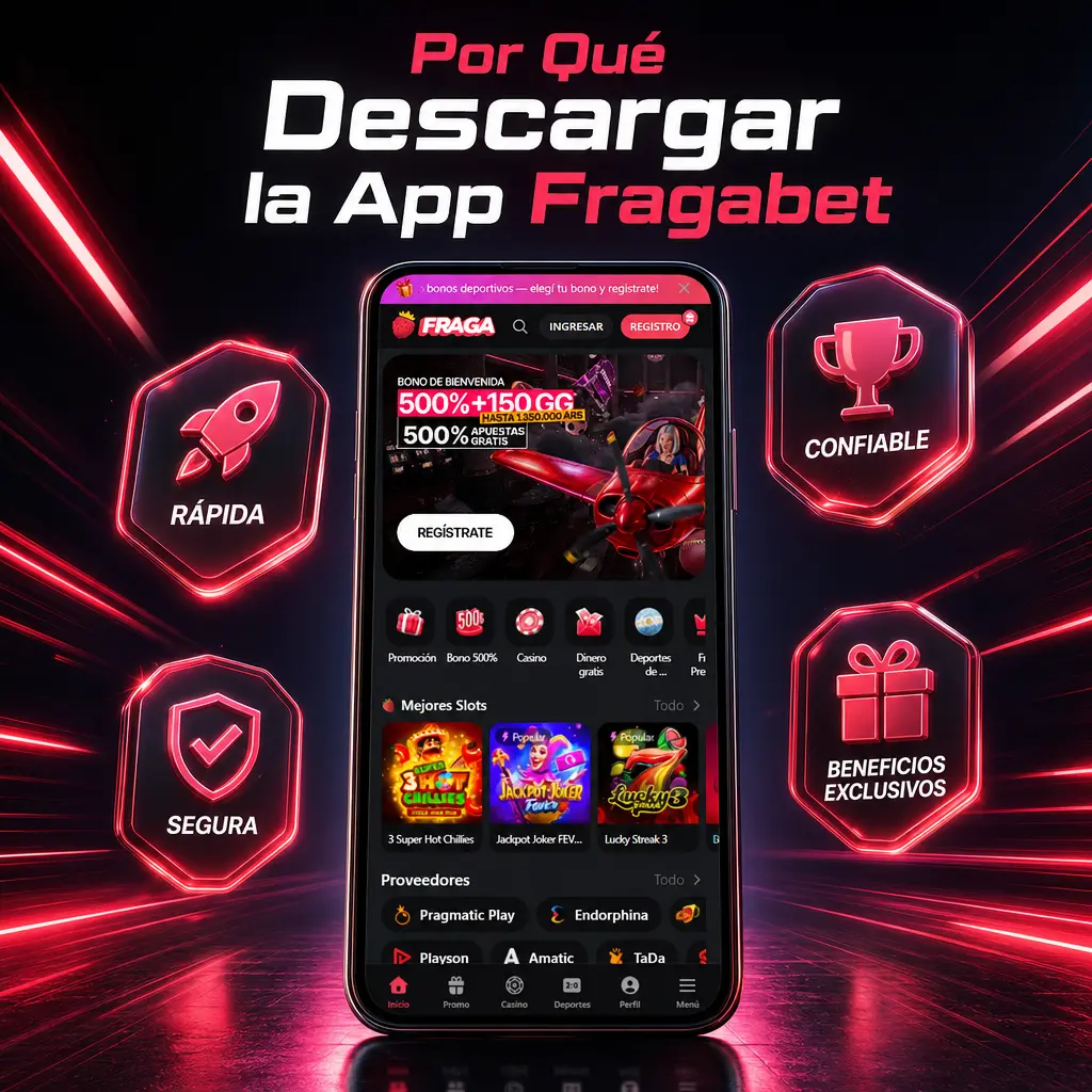 App Fragabet: carga rápida de cuotas, depósitos instantáneos, acceso con huella y catálogo completo de casino y deportes.